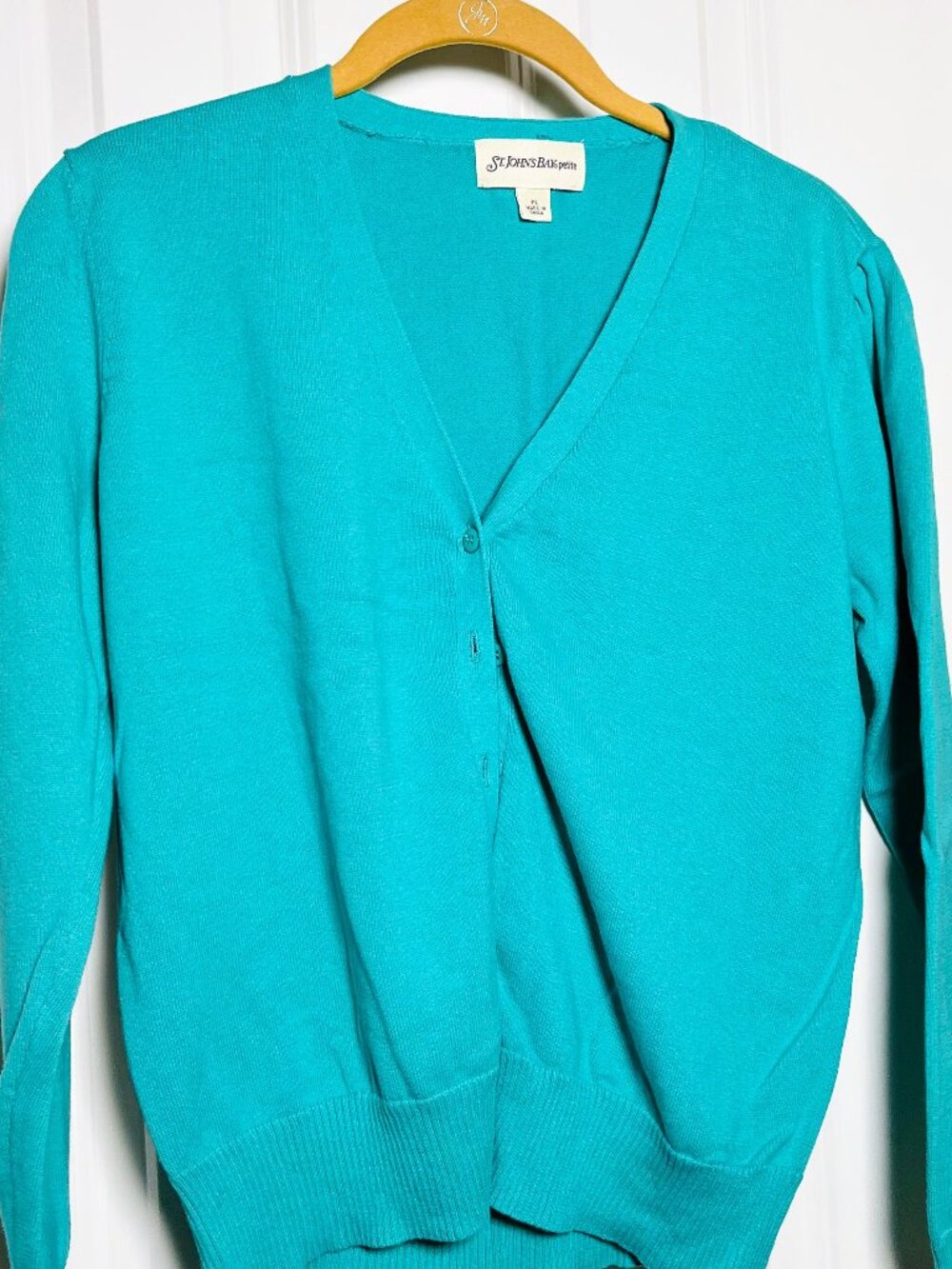 St. John's Bay Teal Blue Cable Knit V-Neck Sweater Large Petite Cozy